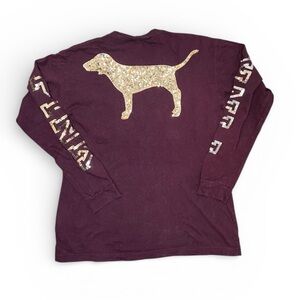 Victoria's Secret Pink Maroon Dog Sequin Oversize Campus Long Sleeve T-Shirt